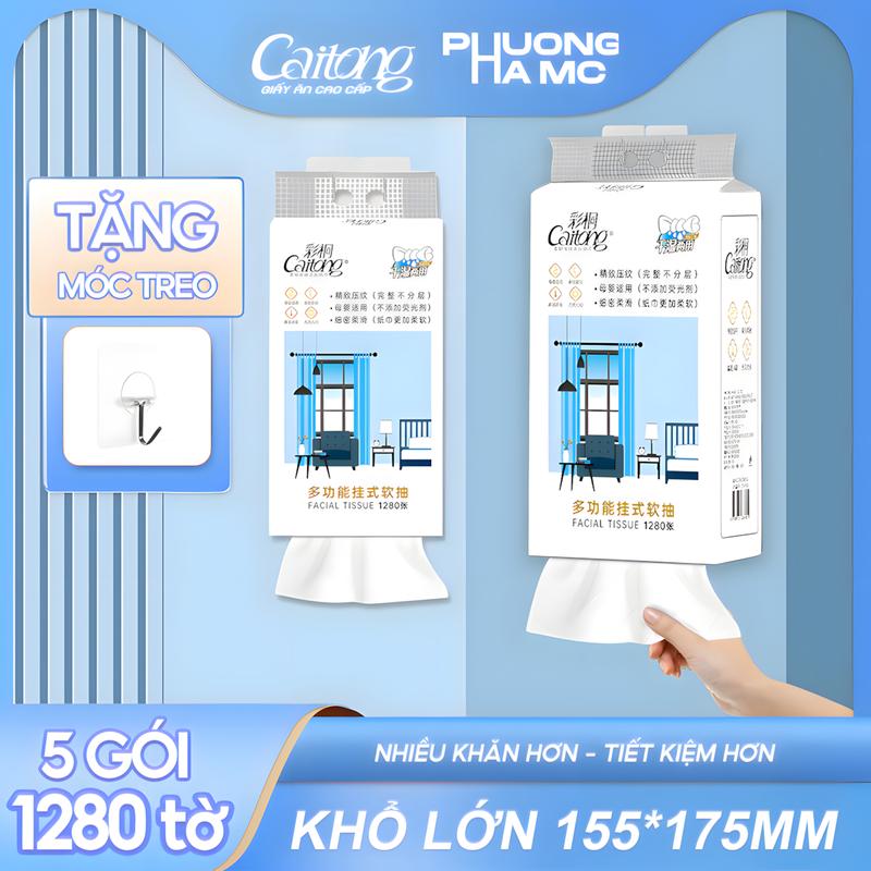 【5 Bịch CAITONG khăn giấy rút treo tường cao cấp 5 lớp 1280Tờ/Gói tiện lợi, tặng kèm móc treo. giấy vệ sinh & giấy lau rút treo tường nội địa an toàn lành tính, không mủn không mùi dùng một lần
