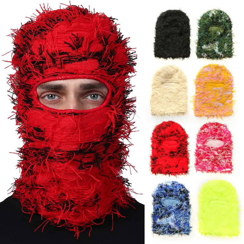 [HHH]Hip Hop Balaclava Distressed Knitted Caps Full Face Ski Mask Women Outdoor Camouflage Fuzzy Ski Balaclava Beanies Hat
