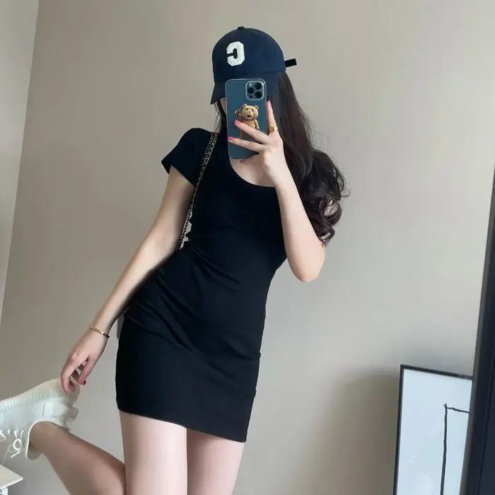 Váy Áo Thun Dài Cổ Tròn, Phong Cách Hợp Xu hướng Dành Cho Nữ, Váy Bodycon Bó Eo Ôm Sát Thích Hợp Mặc Mùa Hè Women Dress Khuy Đen