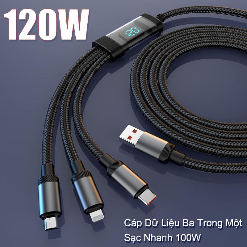 Type C nhanh dây sạc 3in1 Màn Hình Kỹ Thuật Số iphone sạc gơ cục 120w Thích Hợp Để Sạc Apple Và Huawei, Android,Cáp Phụ Kiện Carbon Titan Sạc Điện Thoại Bộ Sạc Nhanh Usb
