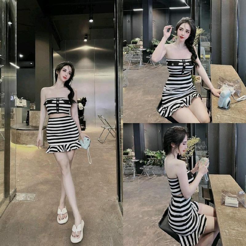 sét 2 món áo ống chân váy đuôi cá có lót trong Kẻ sọc