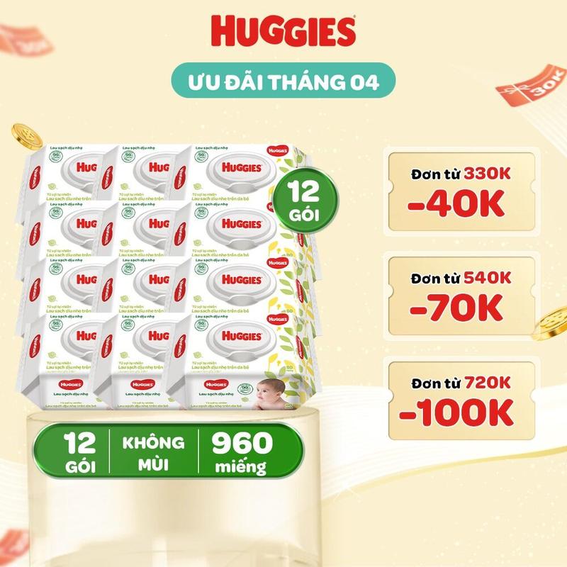 Thùng 12 gói khăn giấy ướt không mùi cho trẻ sơ sinh HUGGIES Gói 80 tờ