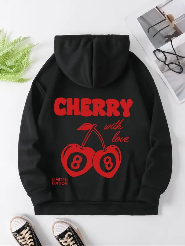 【Plus Size】 Cherry & Letter Print Thermal Lined Hoodie, Fashion Casual Drawstring Pocket Cherry Hoodie for Daily Holiday Outdoor Wear, Hoodies for Women, Yoga Hoodie, Women Clothing for Fall & Winter, Curve Fashion 1