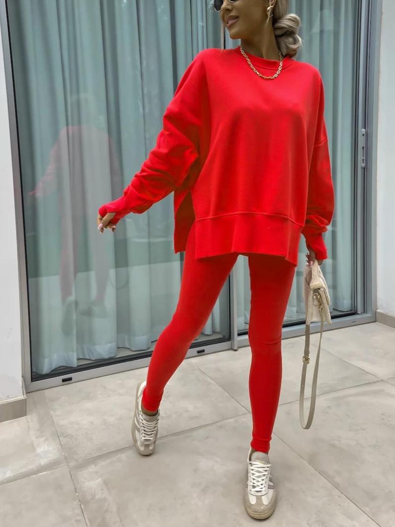 Product Introduction of Women's Solid Split Hem Sweatshirt & Pants Two-piece Set, Casual Fashion Cozy Breathable Two Piece Outfits for Daily Outdoor Wear, Ladies Clothes Fitness  for All Seasons 6