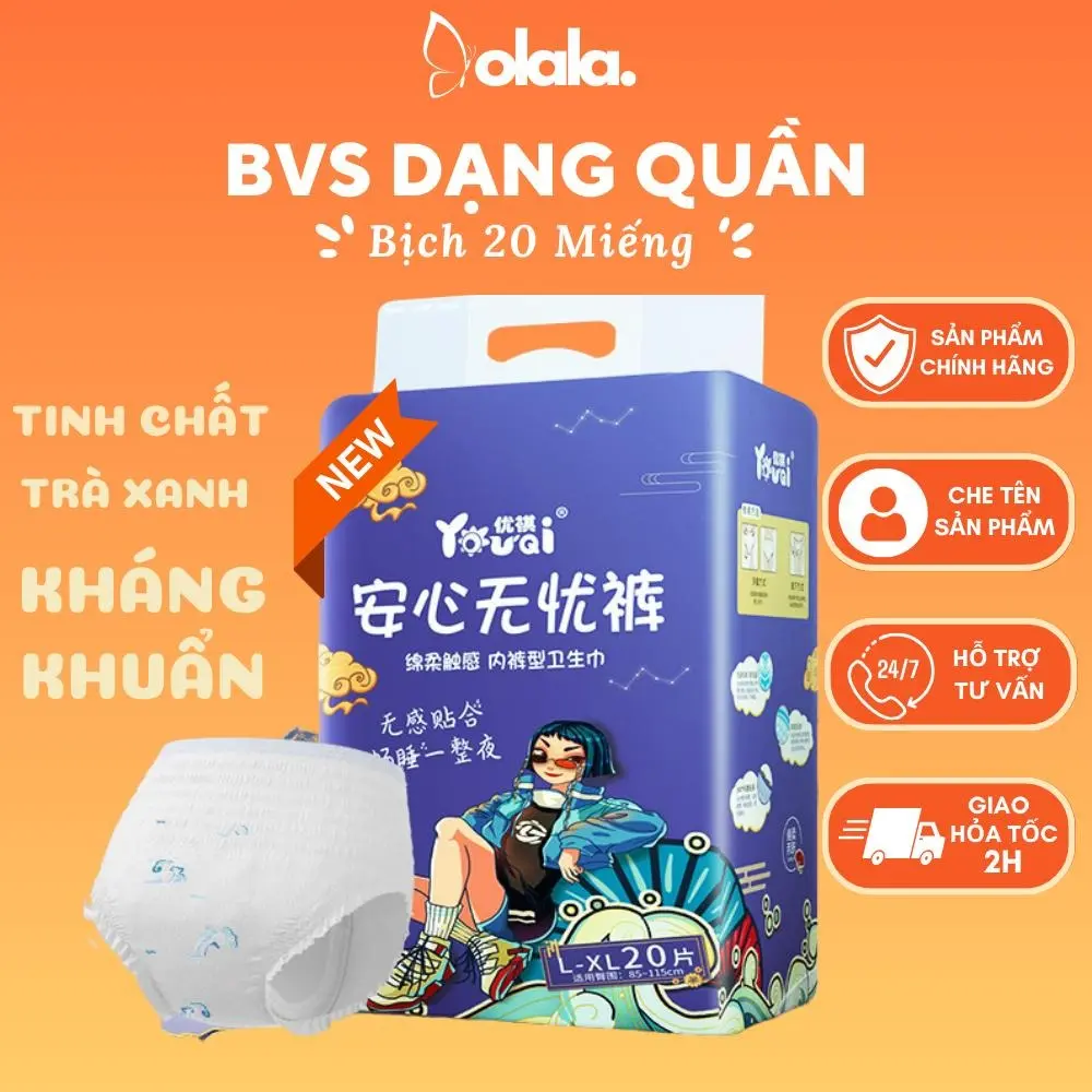 Băng vệ sinh dạng quần YOUQI tinh chất trà xanh kháng khuẩn bịch 20 miếng size SM/LXL