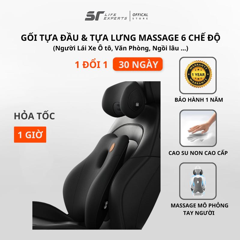 Combo Gối Tựa Đầu Và Tựa Lưng Ô Tô Tích Hợp Massage 6 Chế Độ, Gối Tựa Cao Su Non, Giảm Đau Mỏi Cổ Vai Cột Sống - Sairui