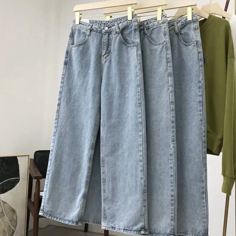 Fashion denim jeans straight legs high waist retro style casual sweet comfortable jeans