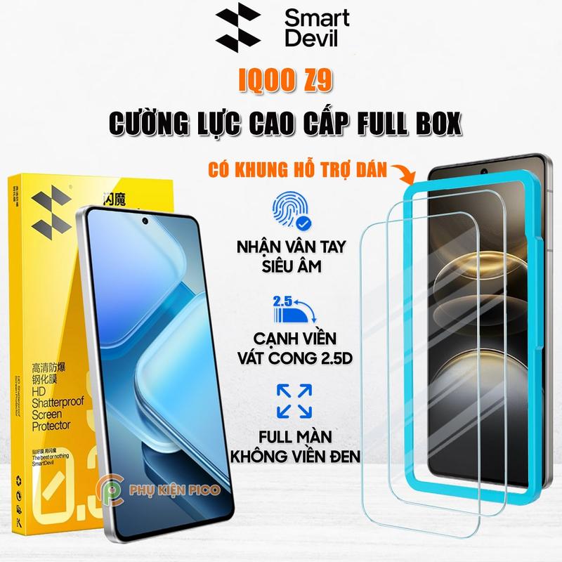 Kính cường lực Smart Devil dành cho điện thoại iQOO Z9 trong suốt full màn hình nhận vân tay siêu âm - Phụ Kiện