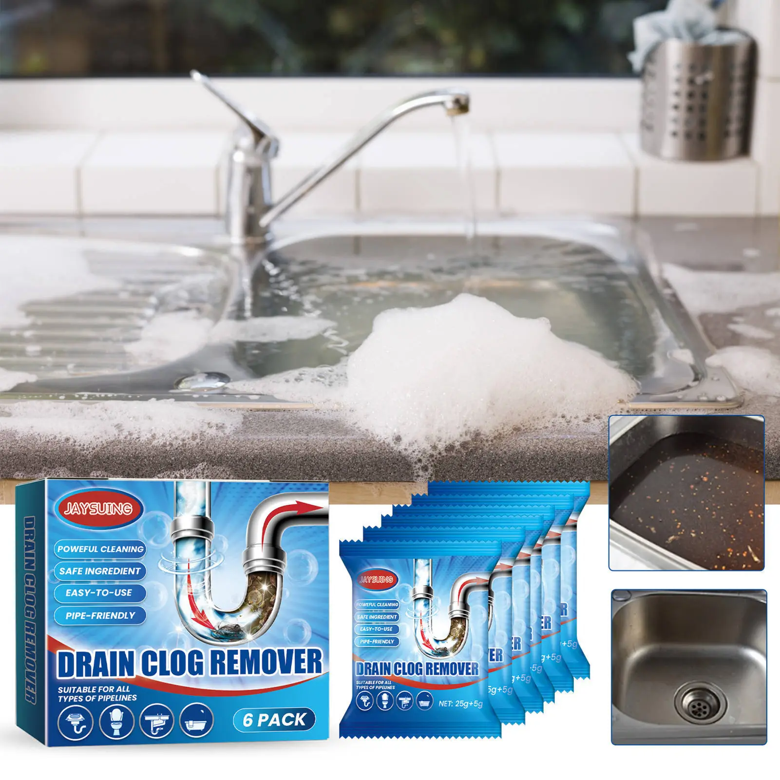 Pdinshz 6Pcs/Box Drain Clog Remover Pipe-Friendly Biodegradable Sink Drain Cleaner Efficient Hair Clog Remover Anti-clogging Pipeline Dredging Cleaning Deodorant Powder for Kitchen Bathroom