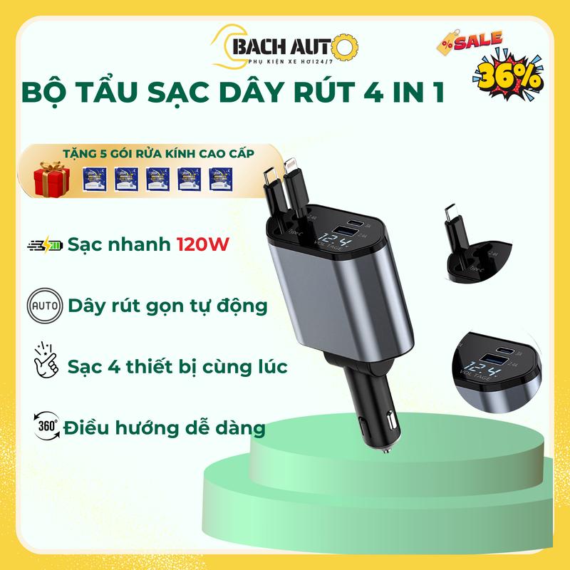 Bộ tẩu sạc nhanh ô tô 4 in1, Sạc nhanh 120W, Lightning, Type-C, USB, Sạc 4 thiết bị cùng lúc, Dây sạc rút gọn tự động, BACH AUTO pvc led tausacnhanh 4in1