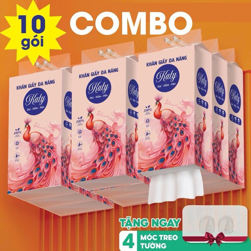 thùng 10 bịch tặng kèm 2 bịch và 4 móc treo giấy treo đa năng  katy con công , khăn rút treo tường 4 lớp mỗi bịch 1100 tờ dai mềm từ bột tre . Giấy vệ sinh