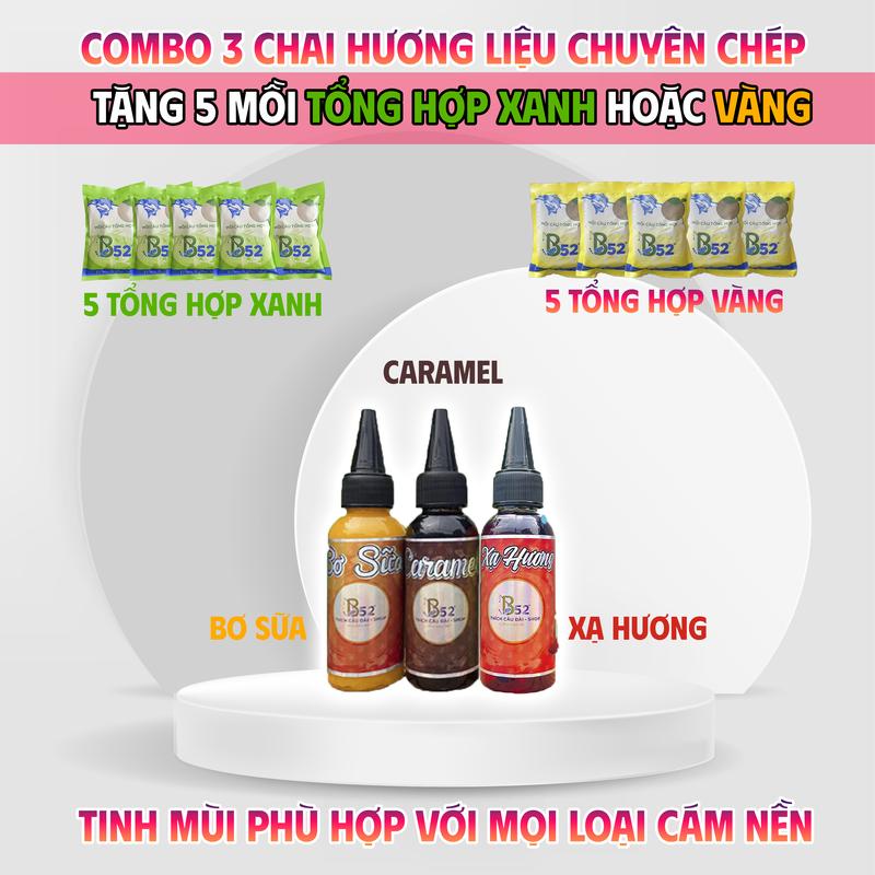 Combo 3 Chai Tinh Mùi Chuyên Chép: Xạ Hương, Bơ Sữa, Caramel tặng 5 Tổng Hợp Xanh Hoặc Vàng Câu Cá Bắt Cá Fishing Đi Câu