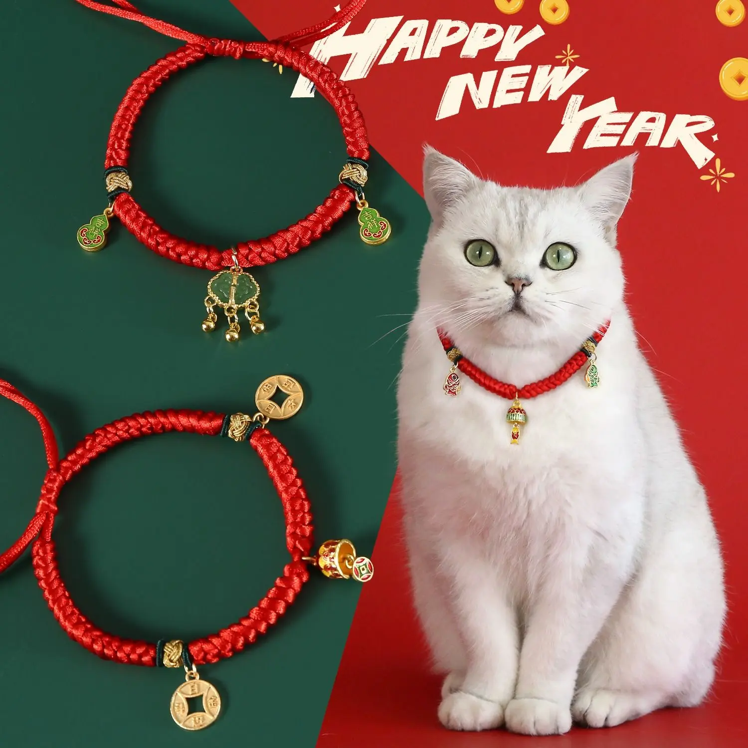 2025 New Year Pet Red Rope Collar Jade Lock Pendant Fish Gold Coin Bell Chinese Style Spring Festival Cat Dog Necklace