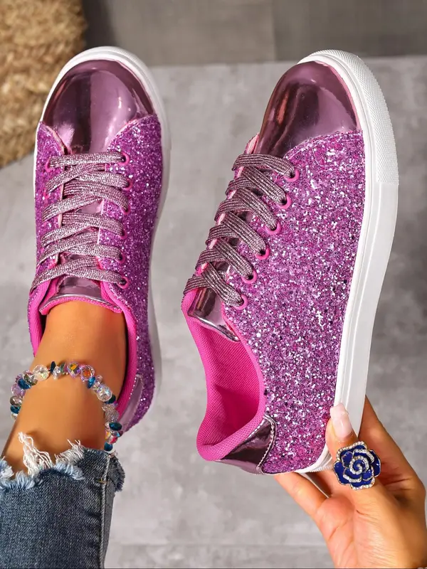Metallic Sequined Korean Style Shoes, Trendy Casual Footwear for Students, Sparkling PU Leather with Rubber Sole 1