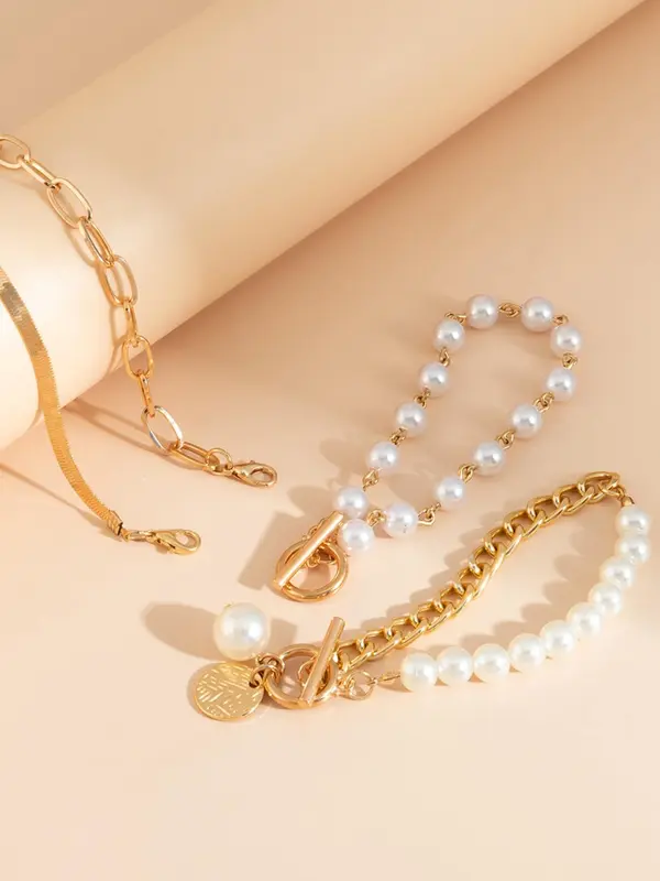 Faux Pearl Decorated Link Bracelet, Fashionable OT Buckle Design Jewelry for Women & Girls, Fashion Jewelry for Party, Daily Decor, Trendy All-match & Exquisite Jewelry for Birthday Gift 5