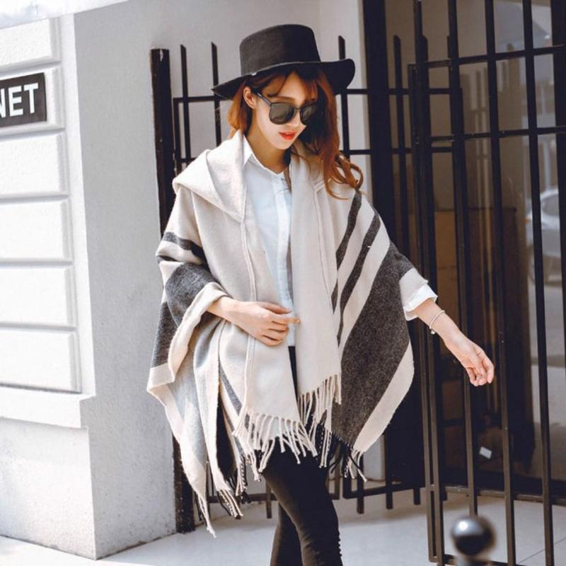 Fashion Winter Warm Fleece Shawl Hooded Imitation Cashmere Wraps Scarf Thicken Cloak Cardigan 5