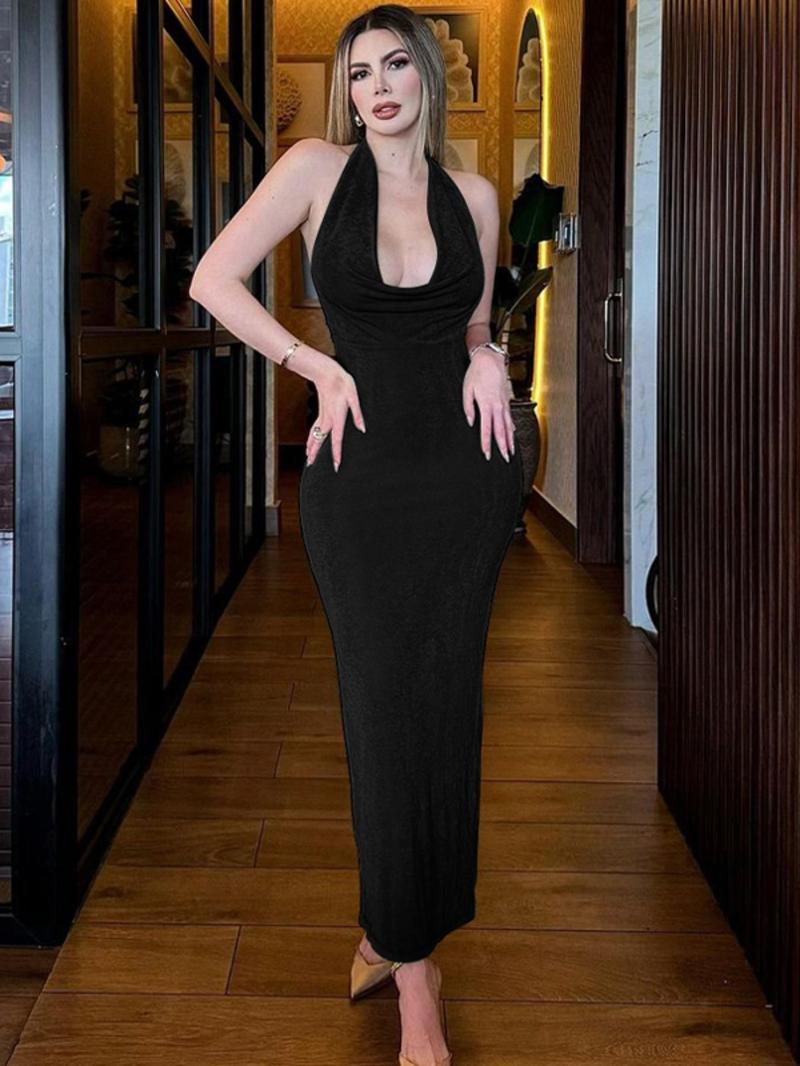 Product Introduction of Women's Solid Backless Halter Dress, Sexy Fashion Tie Back Evening Gown, Party Club Dating Holiday Long Dresses 1