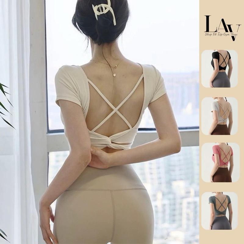 Áo tập gym, yoga, thể thao cộc tay crotop có đệm ngực , hở lưng tôn dáng- LAV Store