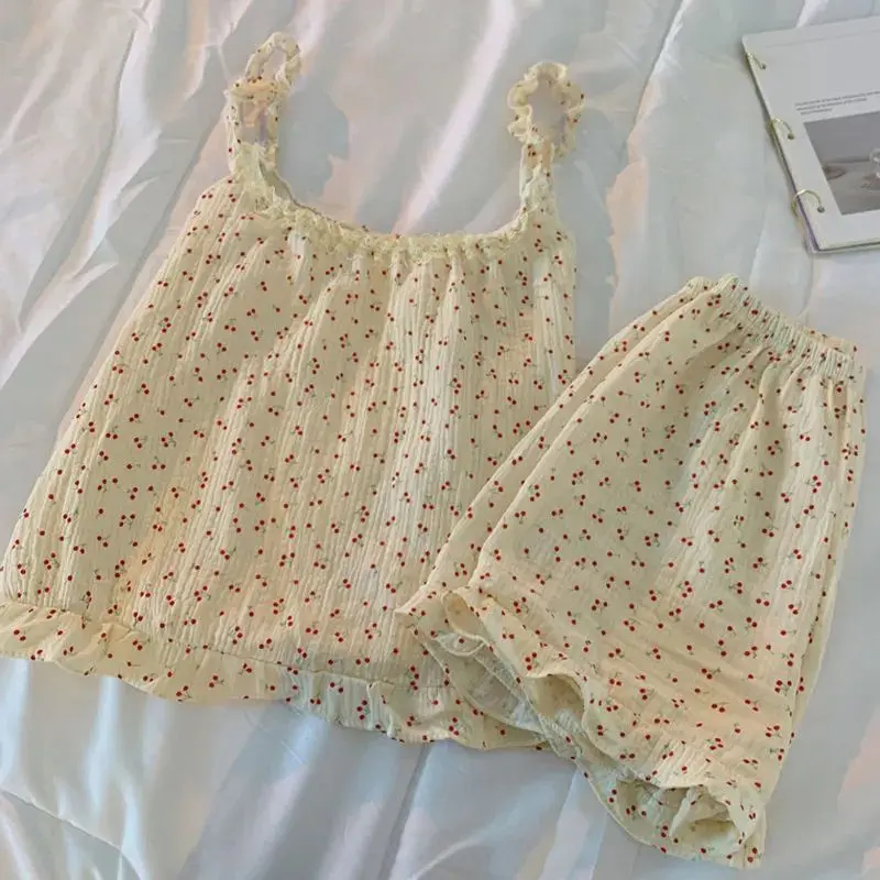 Bộ Đồ Ngủ Nữ, Phong Cách Hàn Quốc, Màu Trơn Và Hoa, Bộ Đồ Ngủ Mùa Hè, Áo Ba Lỗ Không Tay Mỏng, Quần Đùi, Thích Hợp Mặc Nhà Ngọt Ngào Có Thể Mặc Ngoài Trời Top Women Quần Ngủ