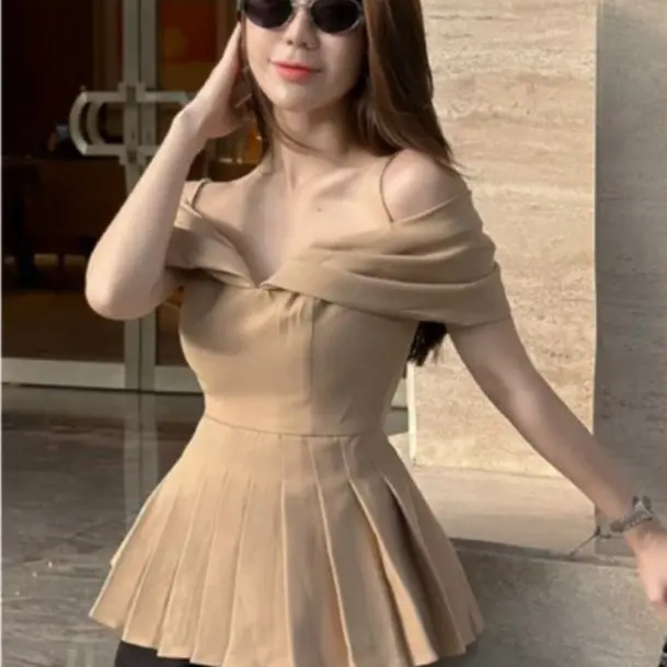 Set bộ bigsize nữ, áo trễ vai peplum dáng xếp ly xòe sang chảnh + chân váy ngắn xếp ly (có bigsize)-S07