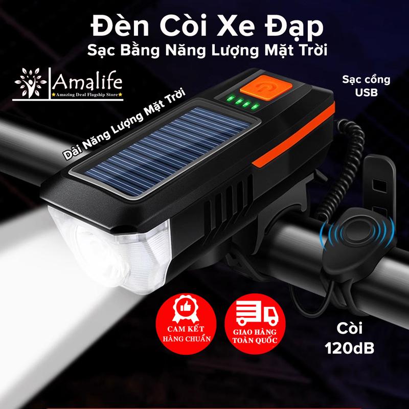 Đèn Xe Đạp Có Chuông Còi 5 Chế Độ Sạc Năng Lượng Mặt Trời Sạc USB Chống Nước Chính Hãng Amalife – Đèn Pin Xe Đạp Đèn Pha Xe Đạp Phía Trước 3 Chế Độ Sáng Phù Hợp Với Các Loại Xe Đạp Địa Hình Leo Núi