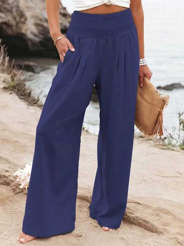 Women's Plain Pocket Shirred Wide Leg Pants, Summer Outfits 2024, Casual Comfy High Waist Straight Leg Trousers for Summer, Fashion Women's Bottoms for Daily Wear 2