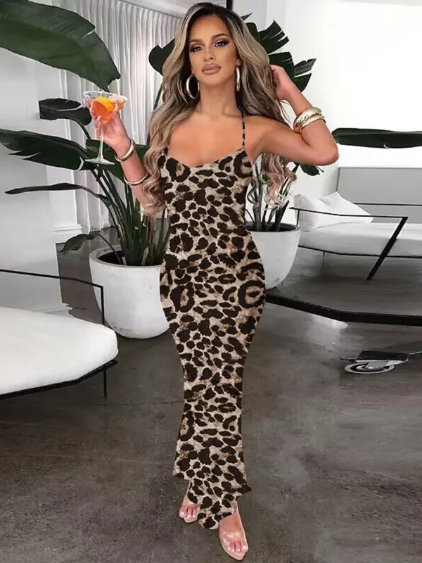 Women's Leopard Print Criss Cross Backless Cami Mermaid Dress, Bodycon Dress, Fashion Sleeveless Tie Back Long Dress, skinny Ladies Summer Clothes, Womenswear, Cheetah Print Dress 6