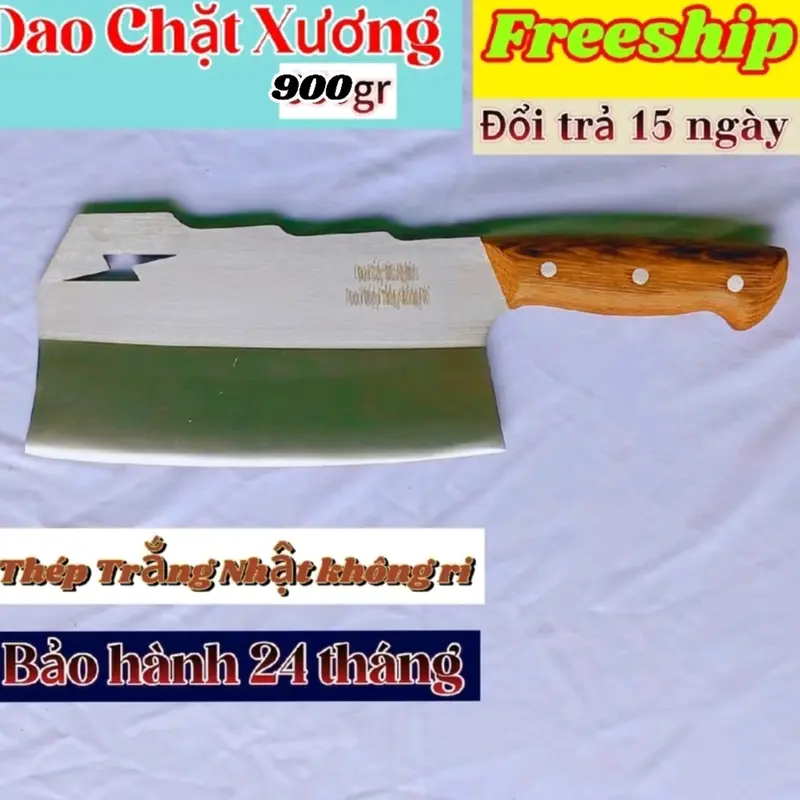 [Dao Bếp Hữu Nghĩa]. Dao Chặt Xương ống nặng 900gr. Được rèn từ Thép Trắng 420HC Nhật không rỉ. Cán ốp gỗ Mun. Đặc điểm sắc bén, êm tay, chất lượng, bền, đẹp, không rỉ sét. Chuyên dùng  chặt các loại xương, chặt thịt, chặt dừa, chặt cây nhỏ vv... 1