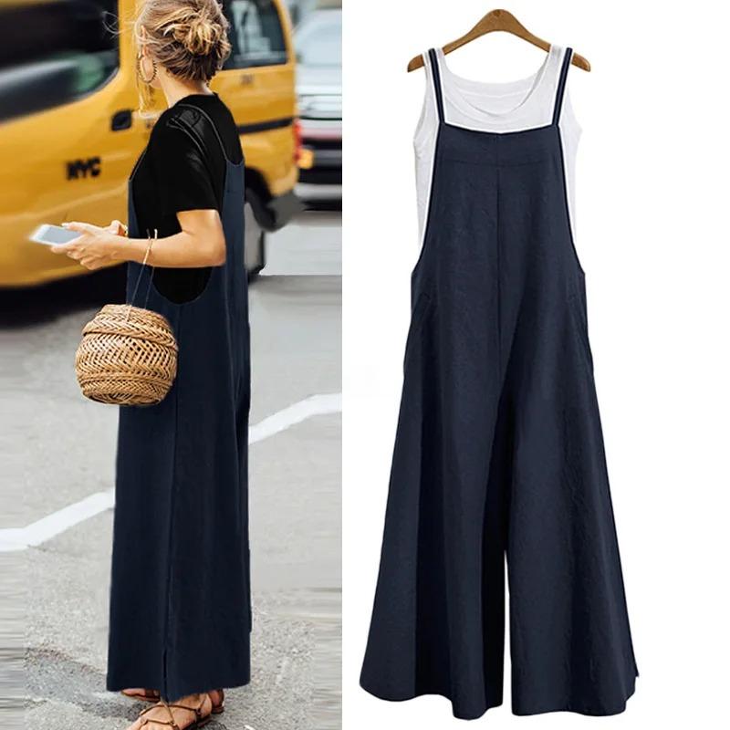 Product Introduction of Women Casual Wide-Legged Jumpsuit Cotton Linen Breathable Sleeveless One-Piece Loose Long Jumpsuit Overalls Lingerie 6