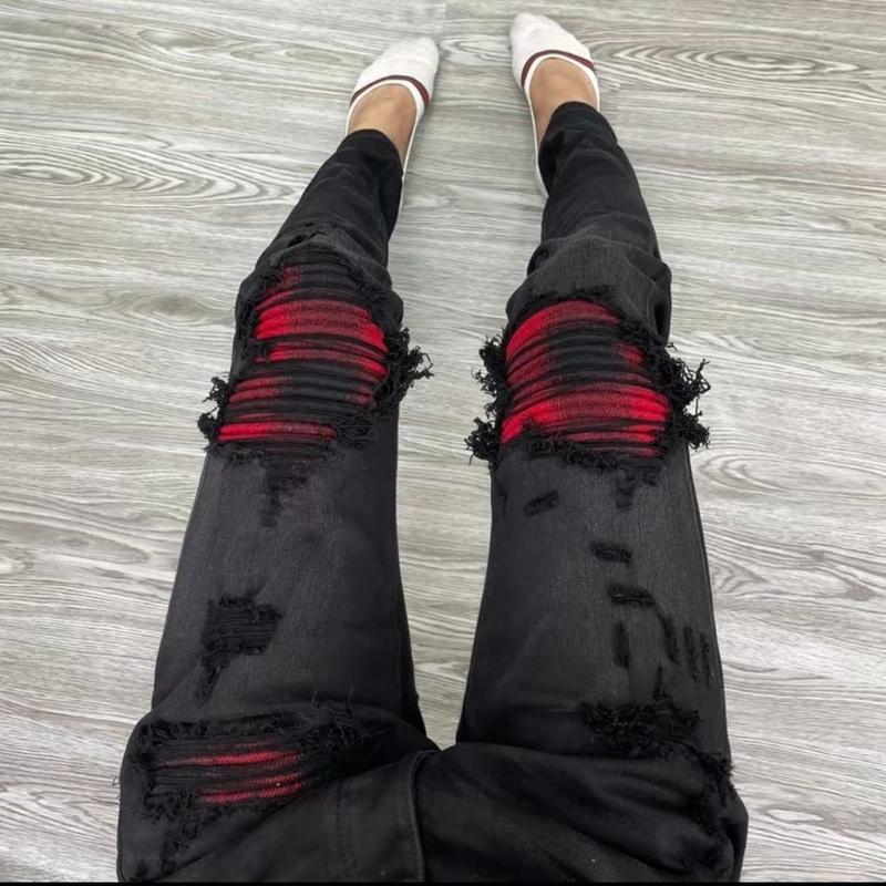Quần jean nam đen vá đỏ caro phong cách trẻ trung Pants Menswear