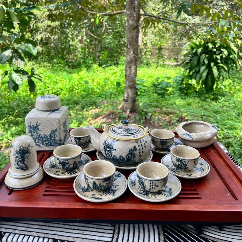 Bộ ấm chén dáng nhật 400ml cảnh trúc lâm thất hiền gốm men rạn phỏng cổ cao cấp bát tràng của nghệ nhân Trần Mạnh Hùng