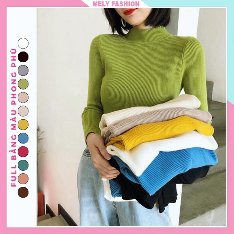  Áo len tăm nữ cổ 3 phân mềm mịn co giãn tốt nhiều màu MELY FASHION dễ phối đồ hàng Quảng Châu Top Đen Women Free Size Dưới 60kg AL01 