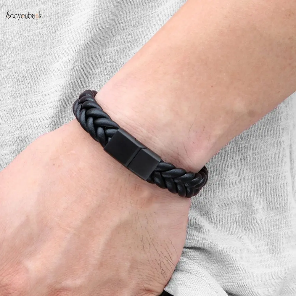 Simple Classic Stainless Steel Magnetic-clasp Leather Bracelet Men Vintage Chic Business Style Braided Bangles Jewelry Store