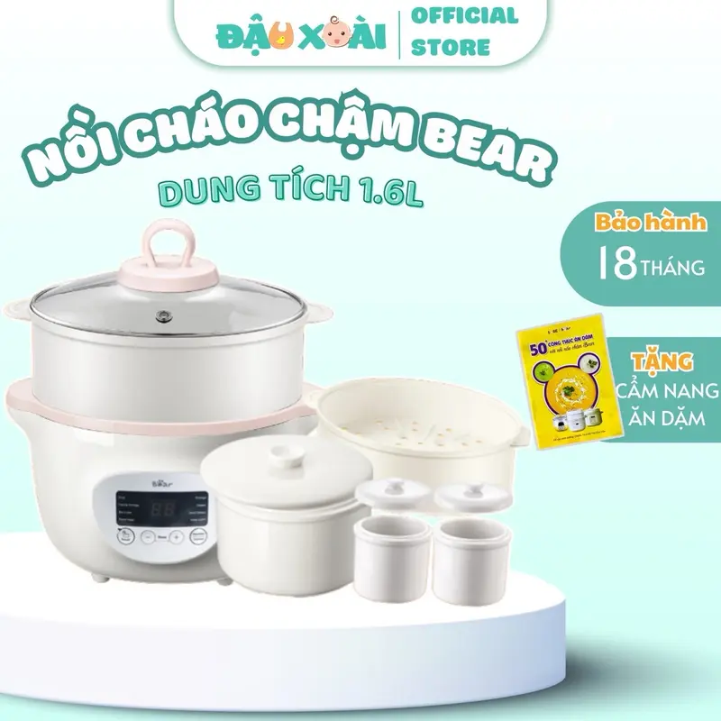 Nồi Bear 1.6l nấu cháo chậm ăn dặm cho  bé (1 thố to, 2 thố nhỏ) 0