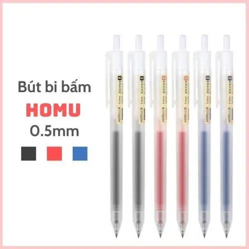 Bút Bi Mực Gel Homu Thân Mờ Ngòi 0.5mm 3 Màu Xanh Đen Đỏ Viết Trơn Ra Đều Bấm Nút