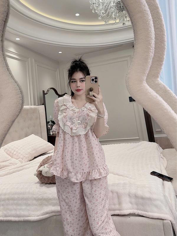 Bộ Ngủ Nữ Chất Vải Đũi Hàn Mềm, Đồ Bộ Tiểu Thư Quần Có Túi Free Size 40-62KG - C01 2