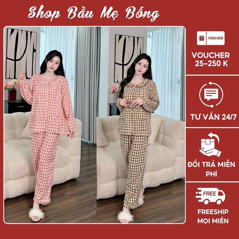 COMBO 2 Bộ Mặc Bầu-Bộ Sau Sinh Cổ Bèo Dáng Dài 2 Túi Áo, Chất Vải Đũi Nhung, Tay Dài Quần Dài, Freesize 40kg-70kg Thoải Mái Xinh Xắn Dành Cho Mẹ Bầu Váy Bầu Đầm Bầu