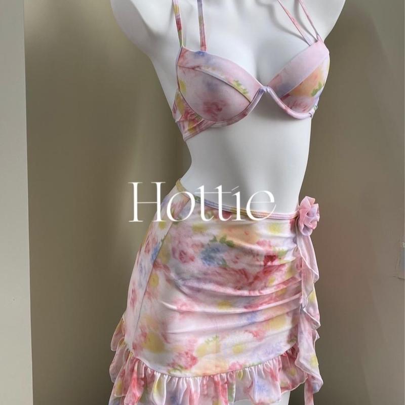 Đồ Bơi 4 Món Hoa Hồng EMMA Đính Hoa Phối Bèo Gồm Áo Bikini + Quần Chip + Áo Bèo + Váy Bèo 3