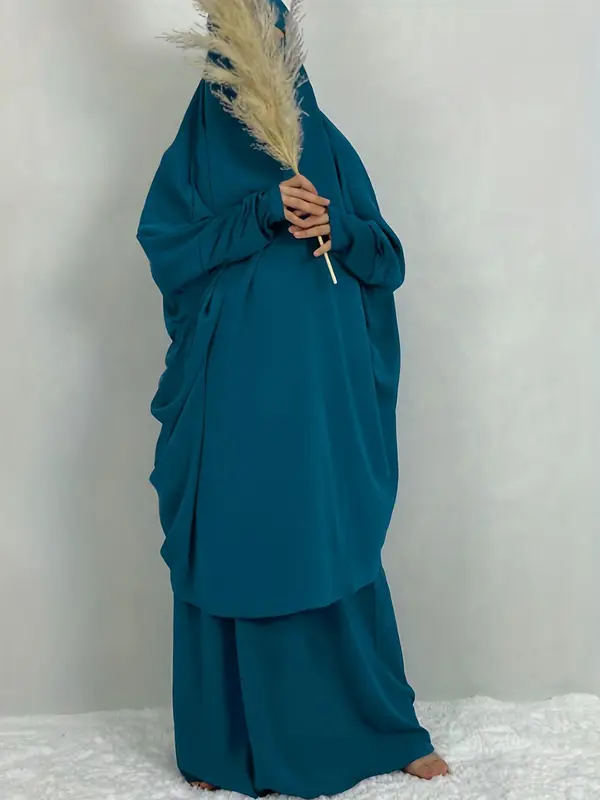 Women's Plain Knot Hooded Batwing Sleeve Abaya & Maxi Dress Set, Modest Two-piece Muslim Outfits for Daily Wear, Islamic Clothing for Spring & Fall 7