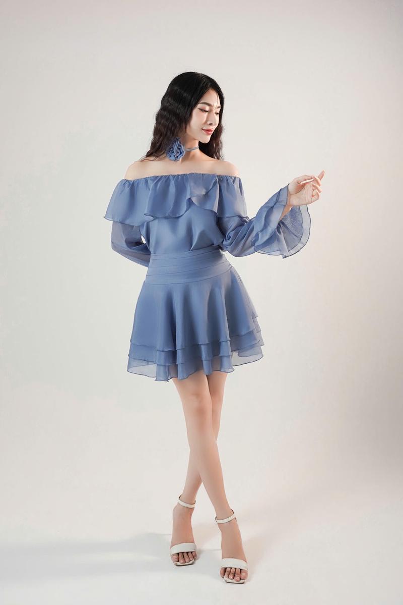 Product Introduction of Váy Dự Tiệc Trễ Vai Tay Đính Hoa Phối Chân Váy Xòe 3 Tầng Cira Boutique D0939 - Voan Tơ - Size S/M/L - Be/Xanh/Đen - Nữ - Dress, Women Tre váy  tiệc 39