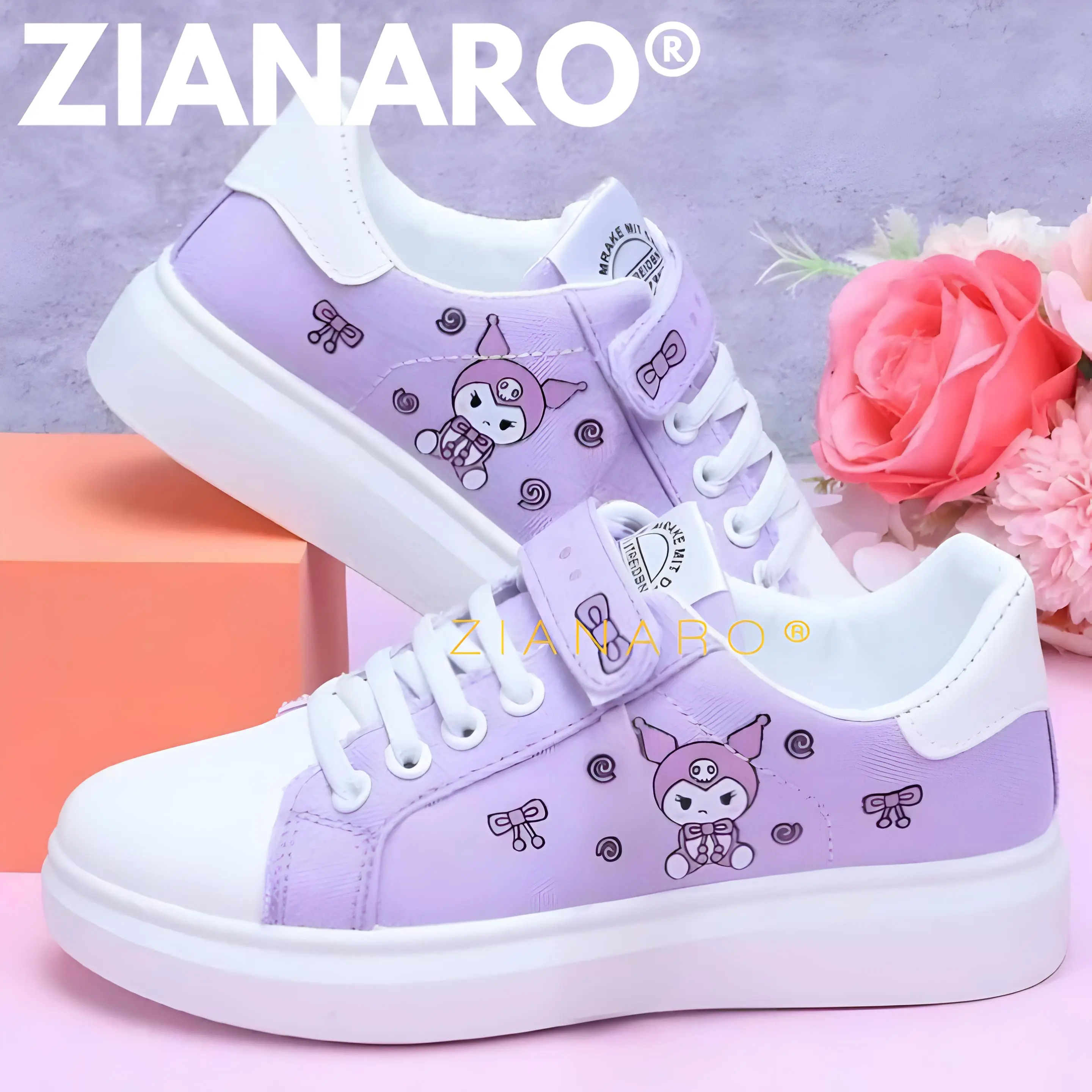 ZIANARO Sepatu Sneakers Casual Fashion Sunrio Kuromi Wanita Remaja Terbaru Round Toe