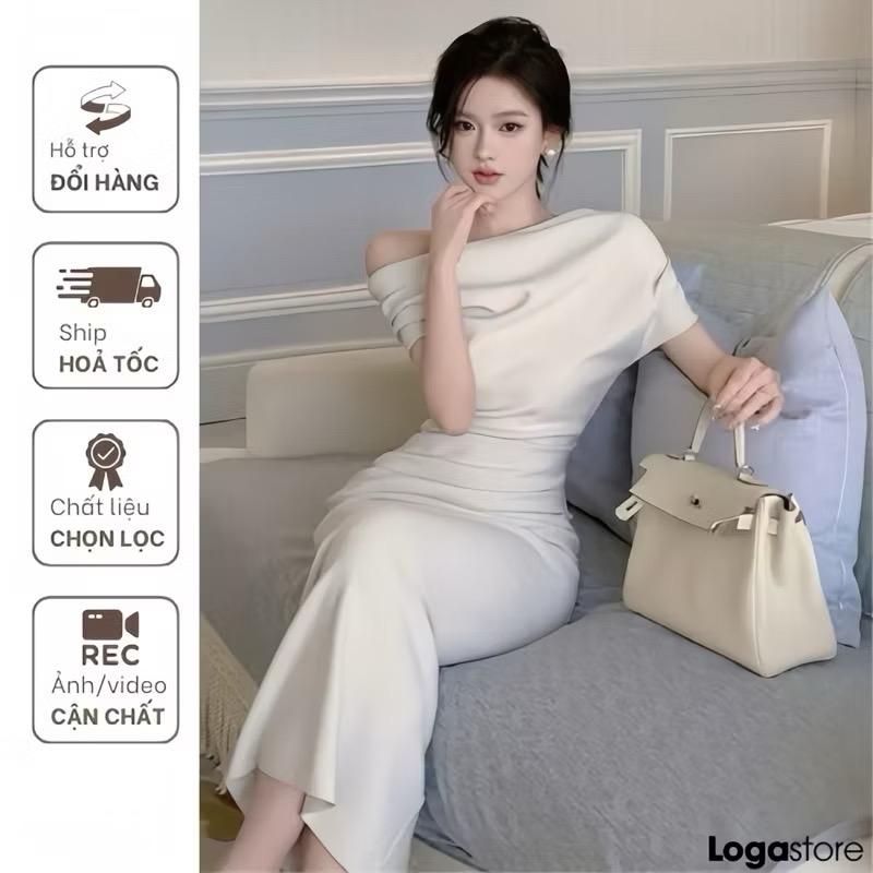 Đầm body lệch vai dáng dài màu kem váy dự tiệc sang chảnh Logastore_L195