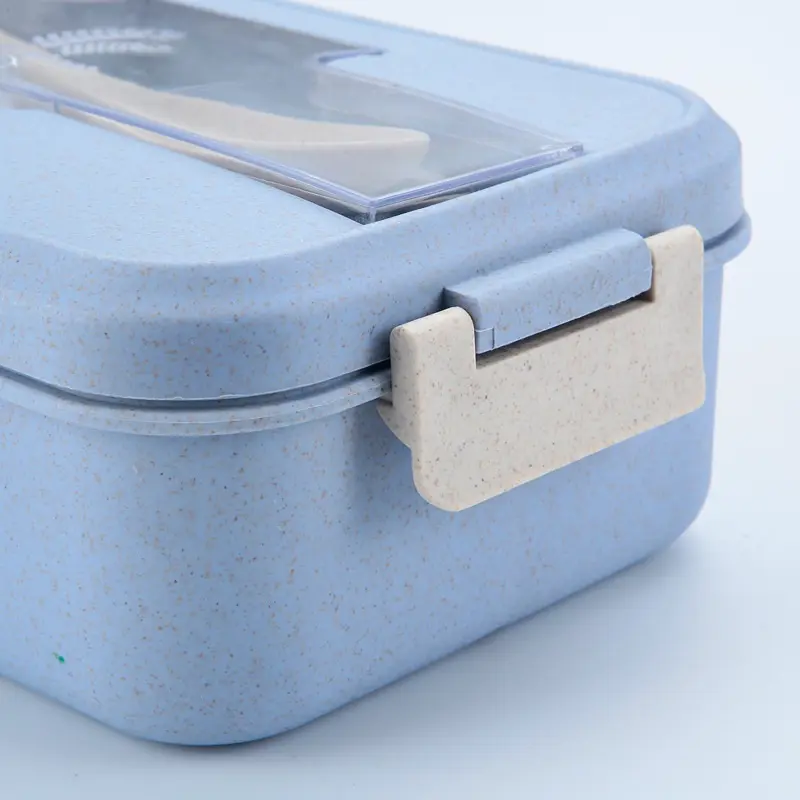 LUNCH BOX SET KOTAK BEKAL MAKAN JERAMI GANDUM KOTAK MAKAN ​1000ML 4-IN-1 FREE SENDOK TEMPAT MAKAN Buah Peralatan Silikon Biru 5