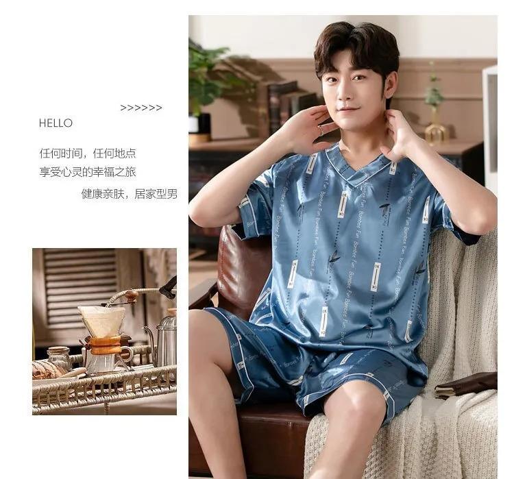 Product Introduction of Men's Pajamas Summer Fashion V-Neck Thin Ice Silk Short-Sleeved Shorts Nightie Two Piece 2024 New Boys Casual Sleepwear Nightie 32