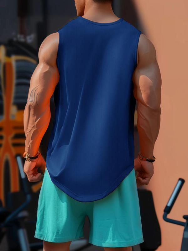 Men's Solid Curved Hem Sports Vest, Breathable Quick Drying Sleeveless Running Vest Tank Top for Gym Workout Running, Sport & Outdoor Clothing for Summer, Training Top 1