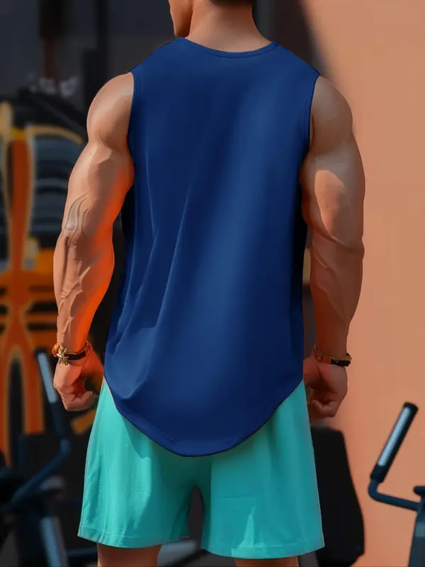 Men's Solid Curved Hem Sports Vest, Breathable Quick Drying Sleeveless Running Vest Tank Top for Gym Workout Running, Sport & Outdoor Clothing for Summer, Training Top 1