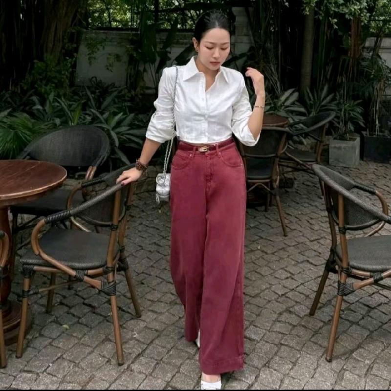 QUẦN JEANS ÔNG RỘNG CẠP CAO MÀU ĐỎ MẬN , MÀU NÂU HOTTREND 2025 0
