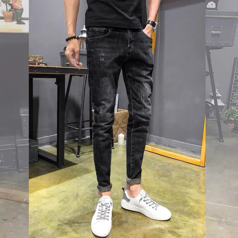 Quần Jean Nam Chất Vải Mềm Co Dãn Màu Đen Xám Mài Nhẹ Có Thêu Hình Nhỏ Ở Túi Menswear Pants