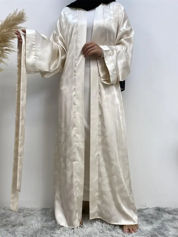 Women's Leaf Pattern Belted Satin Abaya, Modest Casual Long Sleeve Open Front Abaya for Daily Wear, Women's Islamic Clothing for Spring & Fall 4