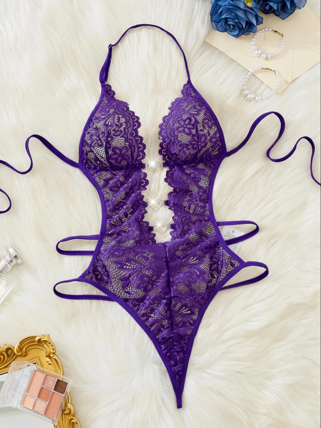 【Plus Size】 Floral Lace Tie Back Teddy Bodysuit, Sexy Comfy Breathable Halter Bodysuit for Daily Wear, Women's Plus Size Underwear for All Seasons